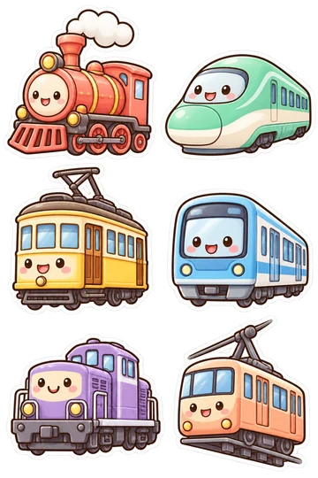 Six kawaii transport stickers: coral steam locomotive with one connected chimney puff, mint streamlined bullet train engine, yellow vintage streetcar, sky blue metro train front, lavender diesel locomotive, peach mountain cable railway car.