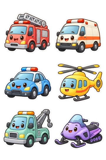 Sechs Sticker zum Thema „Rettungshelfer“: Korallenfeuer LKW mit einer gefalteten Leiter, Creme Krankenwagen mit orangen Streifen und kein Kreuz Symbol, himmelblaue Polizei Patrouille Auto mit roten und blauen Dachlicht, gelbe Rettungshubschrauber, Mint am Straßenrand Abschleppwagen mit angeschlossenen gesenkten Haken, Lavendel Berg Rettungs Schneemobil.