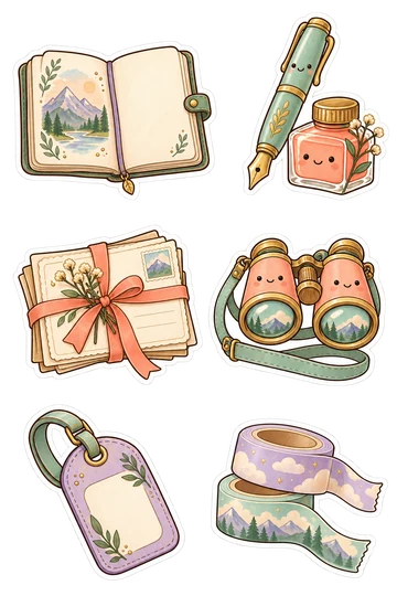 Six kawaii travel journal kit stickers: open travel sketchbook, fountain pen and ink, postcard bundle, vintage binoculars, blank luggage tag, scenic washi tape.