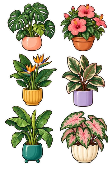 Sechs illustrierte Natur-Sticker: eine Monstera deliciosa mit geteilten Blättern im pfirsichfarbenen Keramiktopf, ein rosa blühender Hibiskus im runden Terrakottatopf, eine orange Strelitzienblüte mit breiten Blättern im senfgelben Pflanzgefäß, ein buntblättriger Gummibaum im fliederfarbenen Zylindertopf, eine hohe Bananenpflanze mit kleinem eingerolltem Jungblatt im petrolfarbenen Topf mit Füßen und rosa-grüne Kaladienblätter im elfenbeinfarbenen Topf mit Wellenrand.