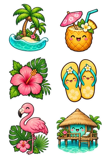Six kawaii tropical holiday stickers: palm island, pineapple drink, hibiscus flower, yellow flip-flops, pink flamingo, overwater bungalow.
