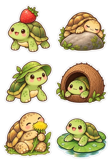 Six autocollants pour animaux de compagnie kawaii: tortue verte équilibrant une fraise sur sa coquille, bébé tortue faisant la sieste sur un rocher arrondi, tortue portant un chapeau de soleil à feuilles minuscules, tortue jetant un coup d'œil à partir d'un abri à moitié noix de coco, tortue grignotant un pissenlit tenu contre son visage, tortue chevauchant sur un large coussin de lys.