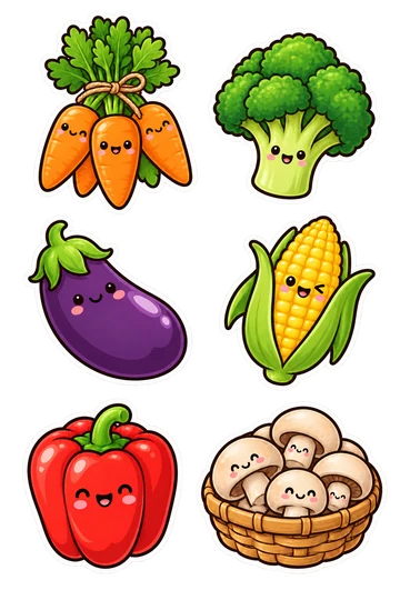 Six kawaii food stickers: carrot bunch tied with twine, broccoli floret, purple eggplant, corn cob with peeled husk, red bell pepper, basket of button mushrooms.