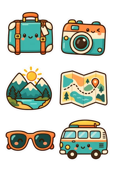 Six travel stickers: suitcase, camera, mountain badge, map, sunglasses and camper van