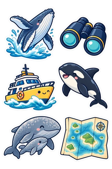 Six kawaii ocean stickers: humpback whale breaching with an attached splash, navy binoculars with teal lenses, small yellow whale-watching boat, smiling black-and-white orca, gray whale mother with a tiny calf beside her as one group, folded illustrated nautical map with islands and a tiny compass rose but no text.