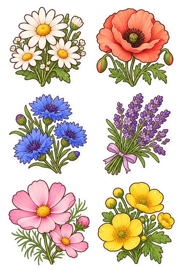 Six illustrated Nature stickers: Daisy flower cluster, Coral poppy bloom, Blue cornflower spray, Purple lavender bouquet, Pink cosmos blossom, Golden buttercup sprig.