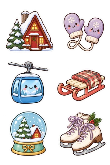 Sechs niedliche Winterhütten-Sticker: verschneite Nurdachhütte, fliederfarbene Fäustlinge, blaue Seilbahngondel, Holzschlitten, Schneekugel mit Hütte und Schlittschuhe.