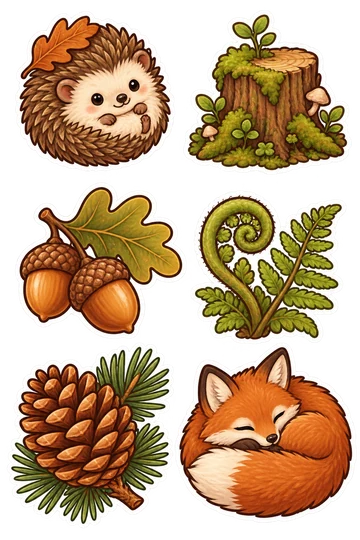 Six illustrated Nature stickers: Friendly curled hedgehog with one leaf, Mossy tree stump with tiny sprouts, Pair of acorns with an oak leaf, Coiled fern fiddlehead with open frond, Copper pinecone with evergreen needles, Curled red fox sleeping with tail wrapped around body.