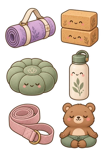 Sechs Sticker zum Thema „Yoga im Fluss“: Lavendel Yoga Matte gerollt durch Gurt gesichert, Paar gestapelte Kork Yoga Blöcke, runde Meditation Kissen mit genähten Blütenblättern, wiederverwendbare Wasserflasche mit Blatt Emblem, weiche Stoff Stretch-Armband in verbundenen Schleife gewickelt, lächeln sitzender Bär in einfachen Kreuzbein Meditation Pose.