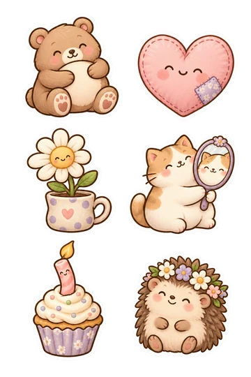 Six autocollants d'encouragement kawaii: ours rond étreint amoureusement son propre ventre, coussin en forme de cœur souriant avec un petit patch cousu, petite marguerite maladroite dans une tasse mal assortie, chat potelé souriant à lui-même dans un miroir à main levée, bougie d'anniversaire légèrement tordue dans un simple gâteau, petit hérisson portant fièrement une couronne de fleurs lâche.